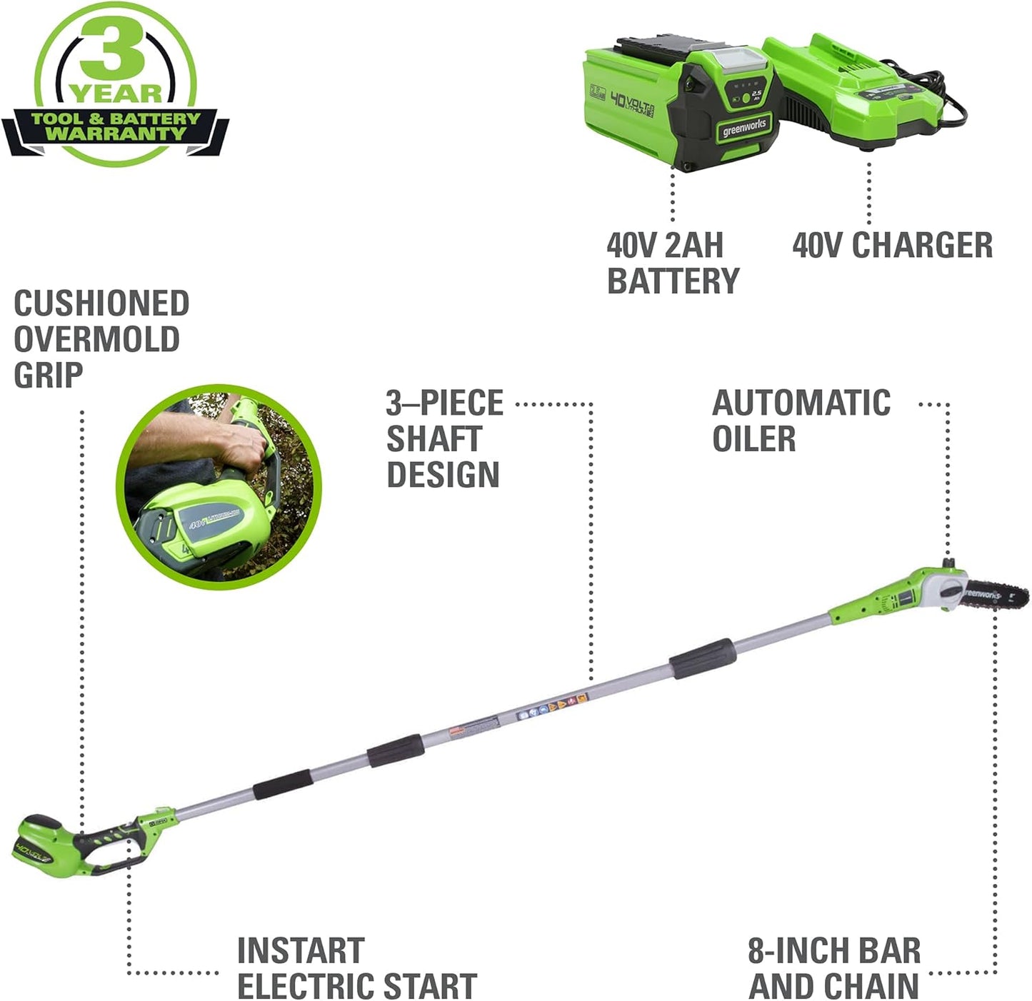 Greenworks 40V 8" Pole Saw, 2.0Ah Battery (Gen 1)