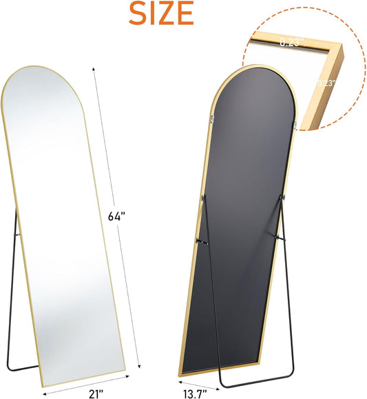 OLIXIS Arched Full Length Mirror 64"x21" for Bedroom, Full Body Mirror with Stand, Hanging or Leaning for Wall, Aluminum Alloy Thin Frame Floor Standing for Living Room, Tall, Gold