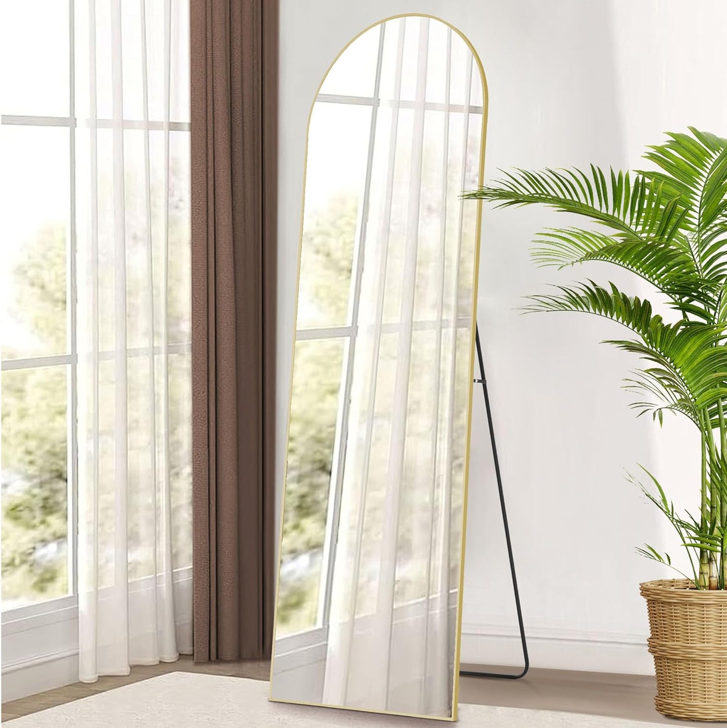OLIXIS Arched Full Length Mirror 64"x21" for Bedroom, Full Body Mirror with Stand, Hanging or Leaning for Wall, Aluminum Alloy Thin Frame Floor Standing for Living Room, Tall, Gold
