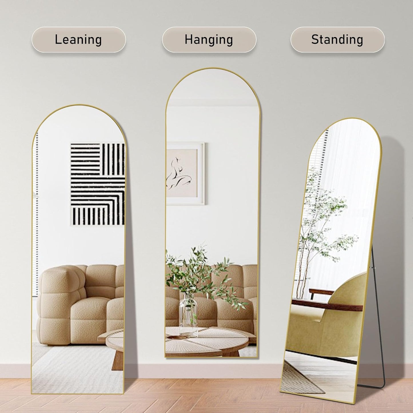 OLIXIS Arched Full Length Mirror 64"x21" for Bedroom, Full Body Mirror with Stand, Hanging or Leaning for Wall, Aluminum Alloy Thin Frame Floor Standing for Living Room, Tall, Gold