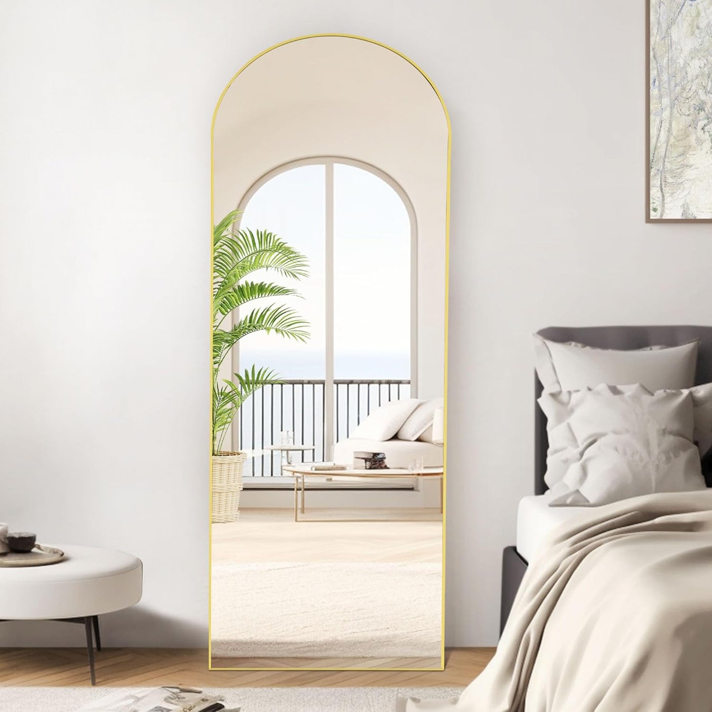OLIXIS Arched Full Length Mirror 64"x21" for Bedroom, Full Body Mirror with Stand, Hanging or Leaning for Wall, Aluminum Alloy Thin Frame Floor Standing for Living Room, Tall, Gold