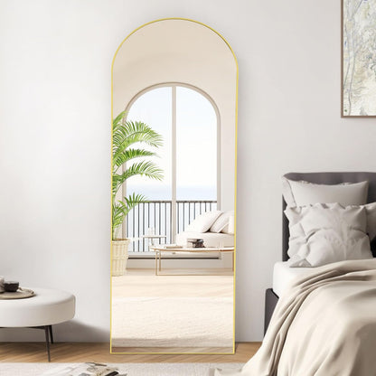 OLIXIS Arched Full Length Mirror 64"x21" for Bedroom, Full Body Mirror with Stand, Hanging or Leaning for Wall, Aluminum Alloy Thin Frame Floor Standing for Living Room, Tall, Gold
