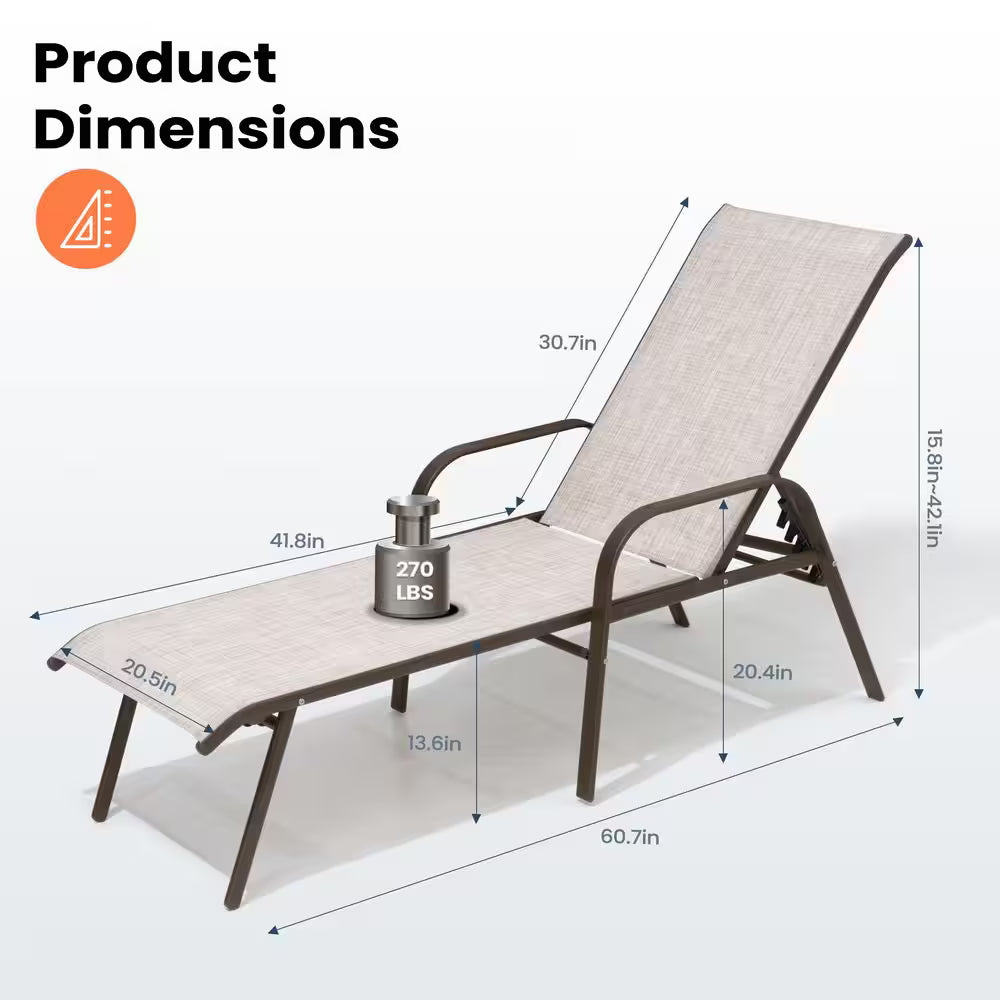 Metal Adjustable Outdoor Chaise Lounge Set Beige