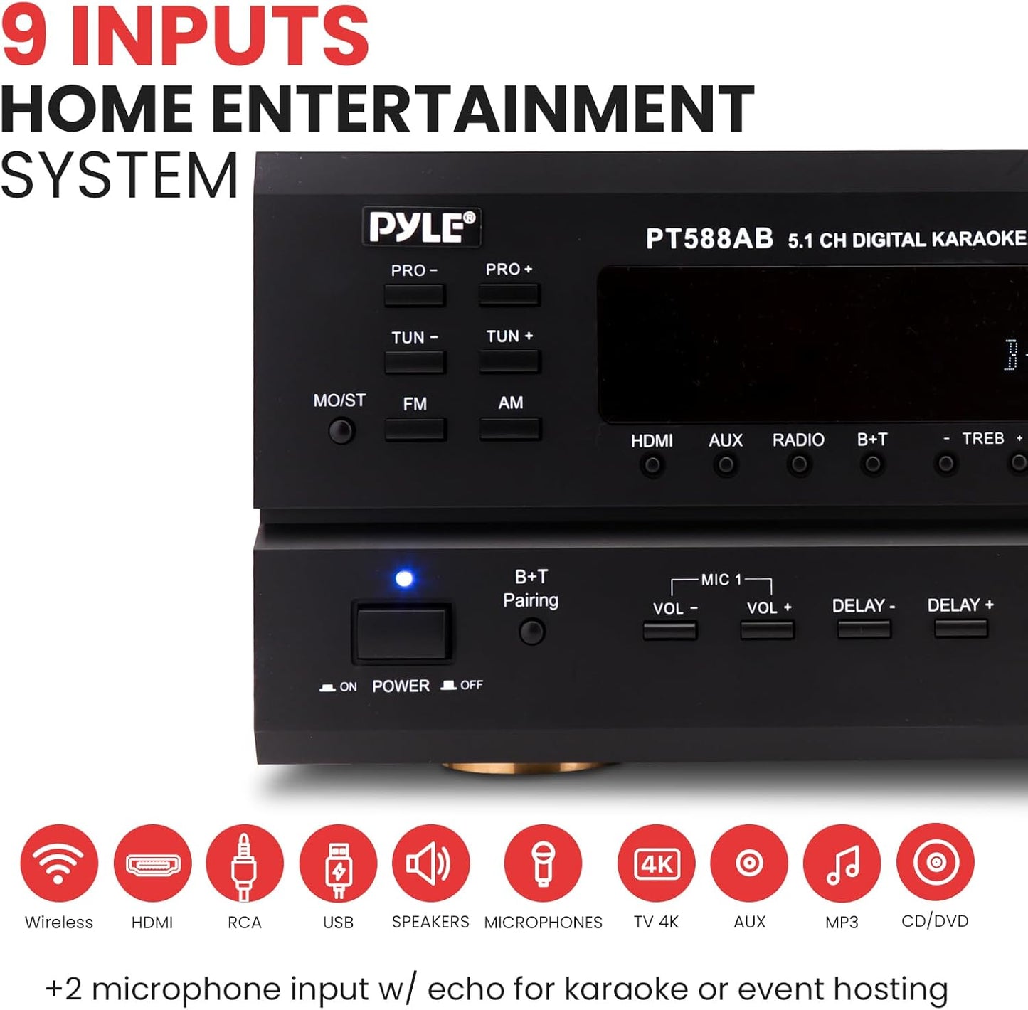 Pyle Wireless Bluetooth Power Amplifier System-420W 5.1 Channel Home Theater Surround Sound Audio Stereo Receiver Box w/RCA,AUX,Mic w/Echo,Remote