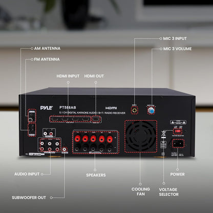 Pyle Wireless Bluetooth Power Amplifier System-420W 5.1 Channel Home Theater Surround Sound Audio Stereo Receiver Box w/RCA,AUX,Mic w/Echo,Remote