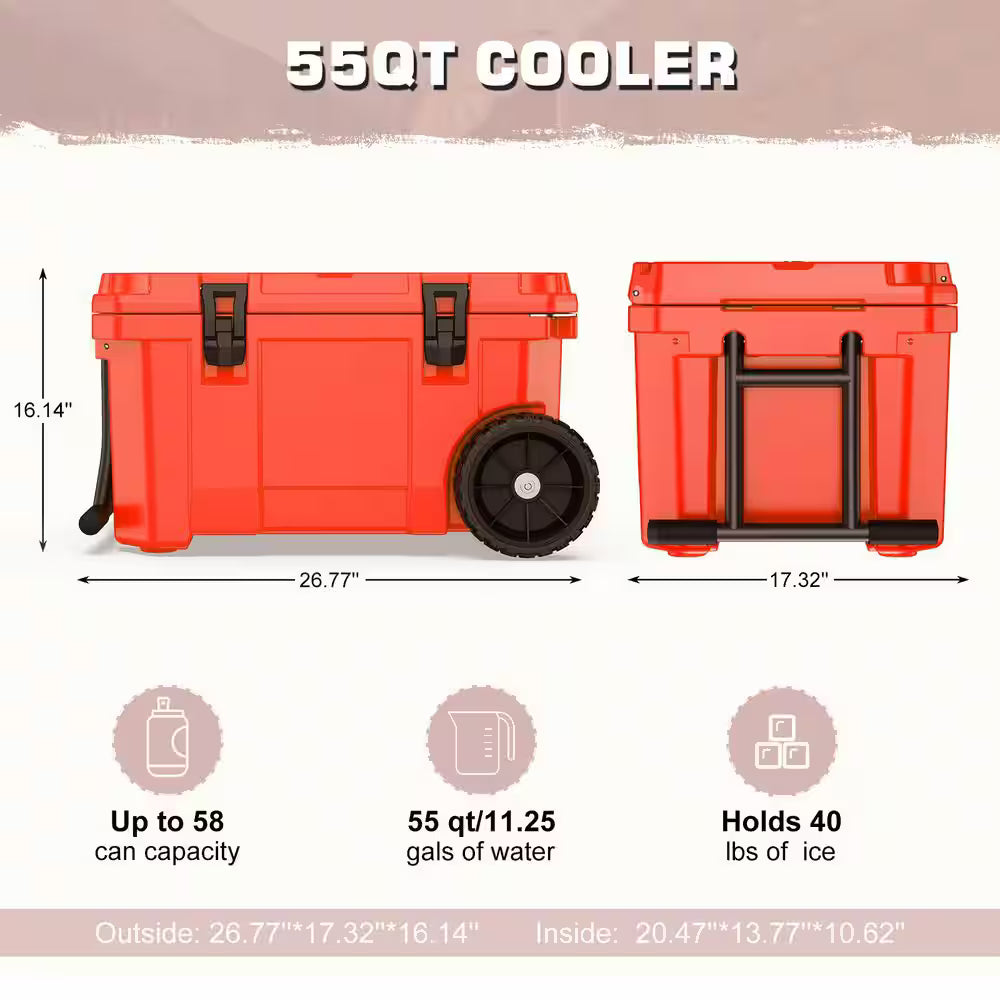 27.5 in. 55 qt. Cooler with Wheels, Warming Drawer, Leak-Proof Outdoor Insulated Cooler with Handle, Cup Holders, Red