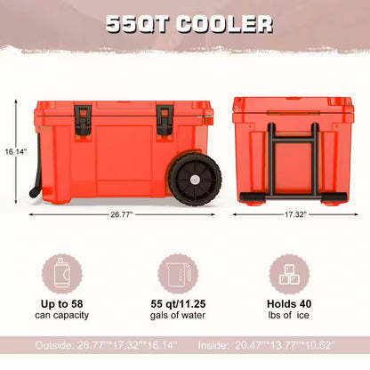 27.5 in. 55 qt. Cooler with Wheels, Warming Drawer, Leak-Proof Outdoor Insulated Cooler with Handle, Cup Holders, Red
