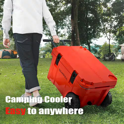 27.5 in. 55 qt. Cooler with Wheels, Warming Drawer, Leak-Proof Outdoor Insulated Cooler with Handle, Cup Holders, Red