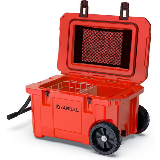 27.5 in. 55 qt. Cooler with Wheels, Warming Drawer, Leak-Proof Outdoor Insulated Cooler with Handle, Cup Holders, Red