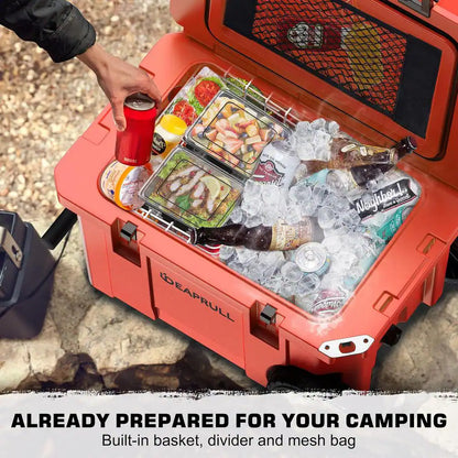 27.5 in. 55 qt. Cooler with Wheels, Warming Drawer, Leak-Proof Outdoor Insulated Cooler with Handle, Cup Holders, Red