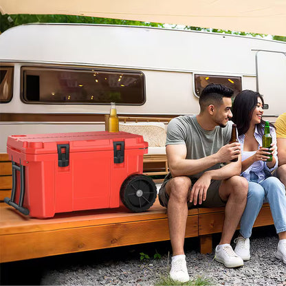 27.5 in. 55 qt. Cooler with Wheels, Warming Drawer, Leak-Proof Outdoor Insulated Cooler with Handle, Cup Holders, Red