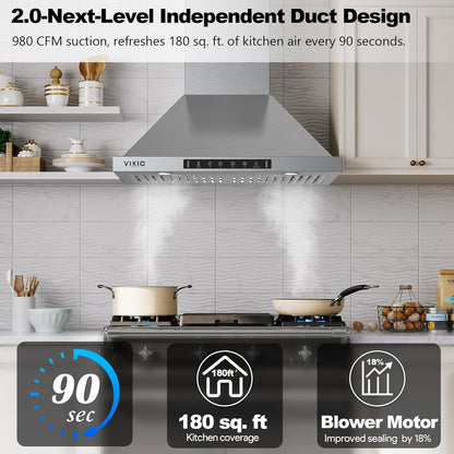 Wall Mount Range Hood 36 inch,Kitchen Vent Hoods 980 CFM Ducted/Ductless Range Hood,with Gesture Sensing & Touch Control Switch Panel, 3 Speed Exhaust Fan Permanent Filter