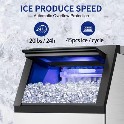 14.2in.Commercial Ice Maker 120 lb./24 H Stainless Steel Freestanding Ice Maker Machine with Full Cube Production