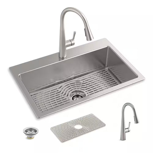KHOLER Cursiva 18-Gauge Stainless Steel 33 in. Single Bowl Drop-In Kitchen Sink with Faucet