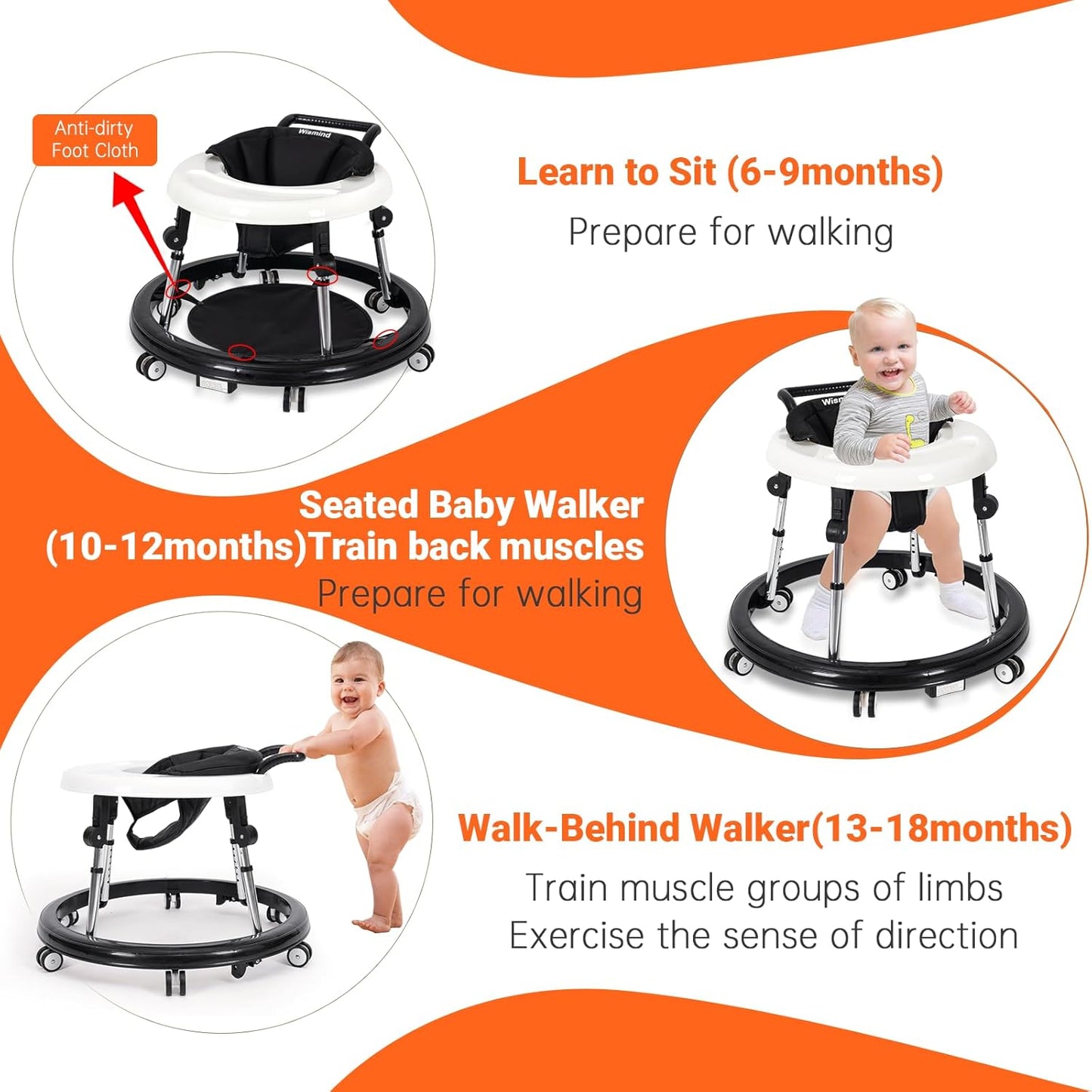 Baby Walker Foldable with 9 Adjustable Heights, Baby Walkers and Activity Center for Boys Girls Babies 7-18