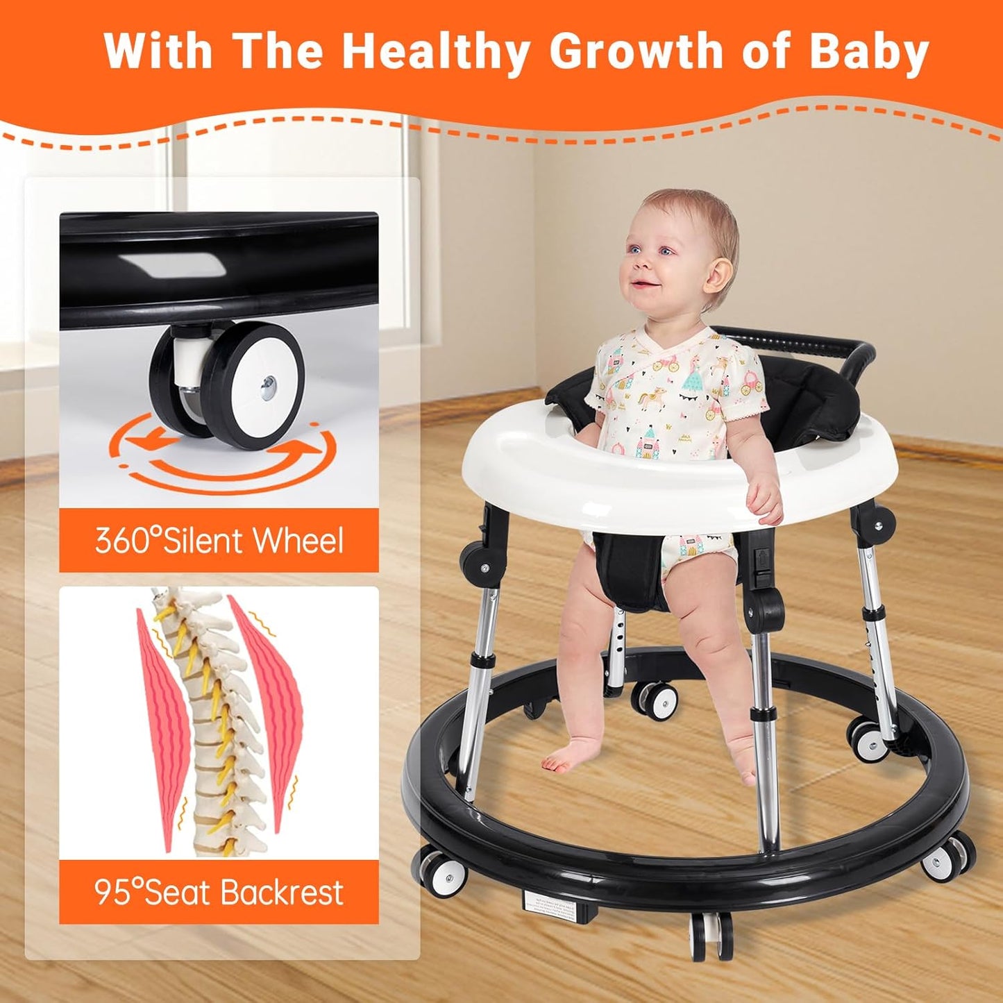 Baby Walker Foldable with 9 Adjustable Heights, Baby Walkers and Activity Center for Boys Girls Babies 7-18