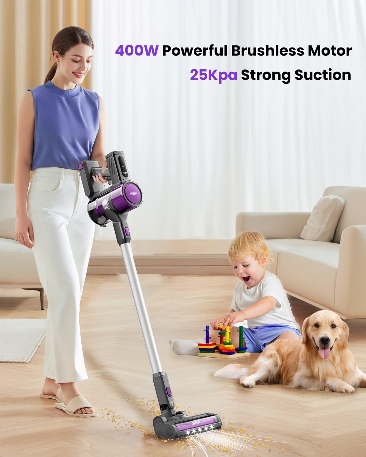 Gevi Cordless Vacuum Cleaners for Home, 400W 30KPA Stick Vacuum with Powerful Suction