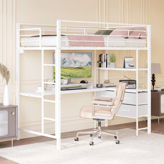 White Twin Loft Bed with Desk & Storage LEDs