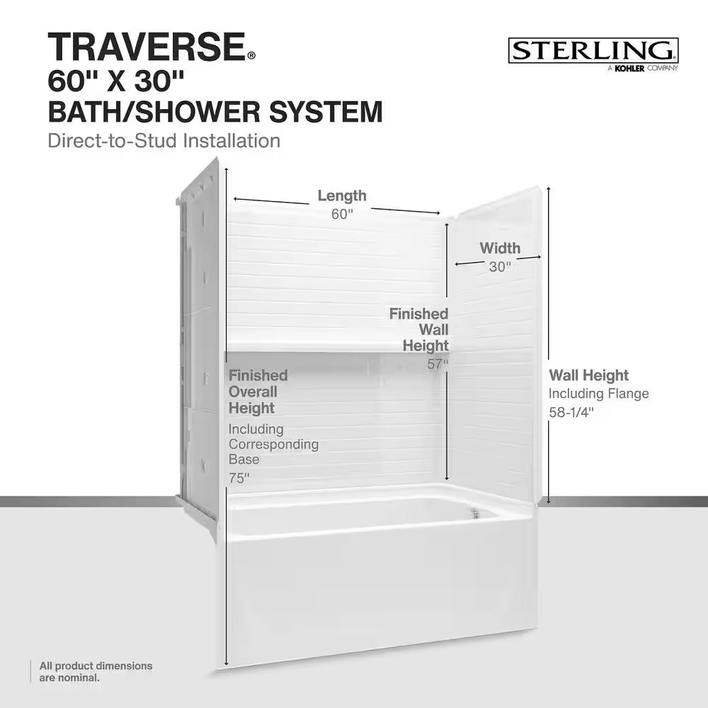 Traverse 60 in. L x 30 in. W x 60 in. H Right-Hand Drain Rectangular Tub/ Shower Combo Unit in White
