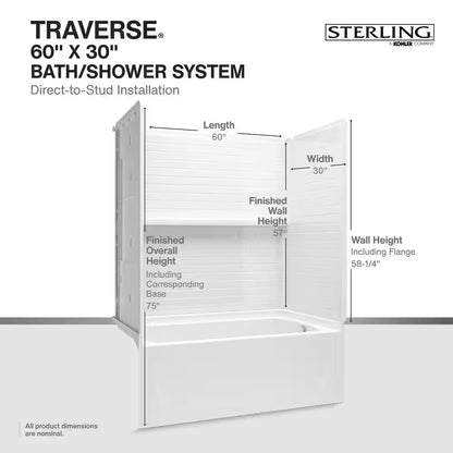 Traverse 60 in. L x 30 in. W x 60 in. H Right-Hand Drain Rectangular Tub/ Shower Combo Unit in White